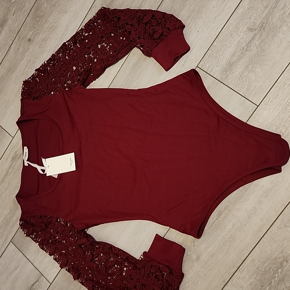 Grace Karin Burgundy Lace Sleeve Bodysuit